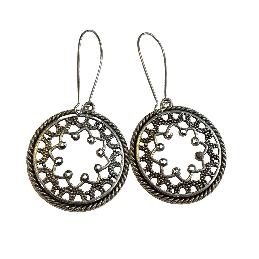 Vintage Boho Silver Tone Filigree Medallion Drop Dangle Earrings Large Mandala